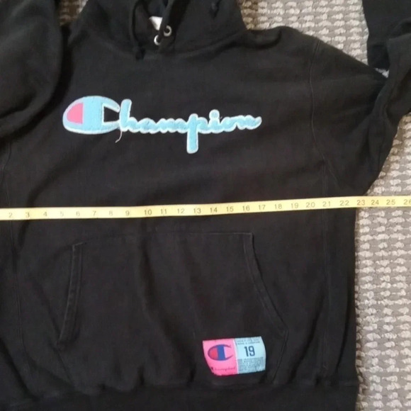 Champion black blue reverse Weave script hoodie sweatshirt size large women - Picture 6 of 8